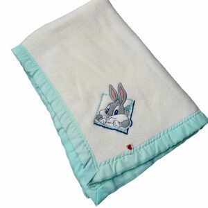 Vintage Baby Looney Tunes Bugs Bunny Satin Trim Blanket Acrylic USA Made‎ 90’s